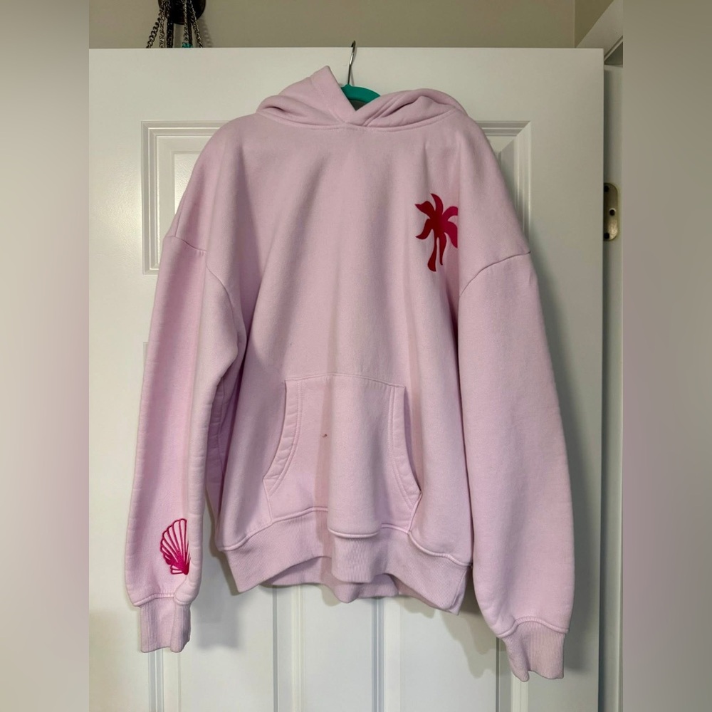 Light Pink Hoodie with Palm Tree and Shell Design